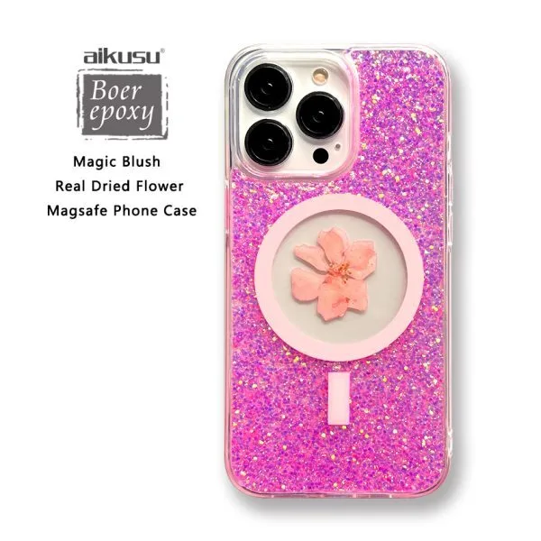 Coque de téléphone Anti-choc à paillettes, 1.5m, TPU, PC, fleurs séchées, étui magnétique pour iPhone 16 15 14 13 12 Pro Max 1