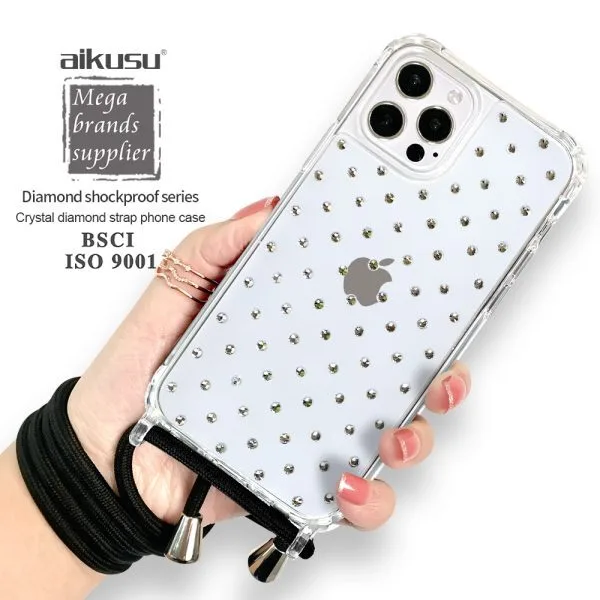 1.5m  Anti-Shock Diamond Phone Case TPU PC Lanyard Clear Phone Cases For iPhone 16 15 14 13 12 Pro Max 1