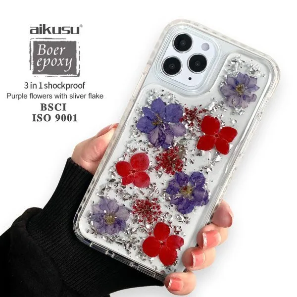 aikusu 5M antichoc TPU PC TPE fleur naturelle résine époxy coque de téléphone pour iPhone 16 15 14 13 12 Pro Max 1
