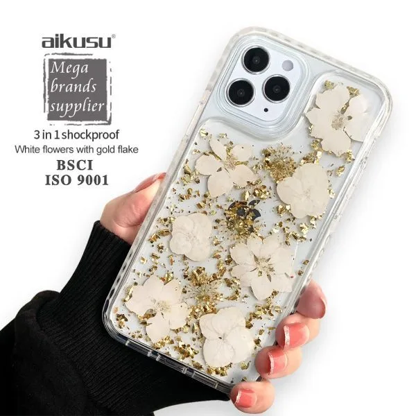 aikusu 5M Anti-impact TPU PC TPE fleur naturelle résine époxy coque de téléphone pour iPhone 16 15 14 13 12 Pro Max 1