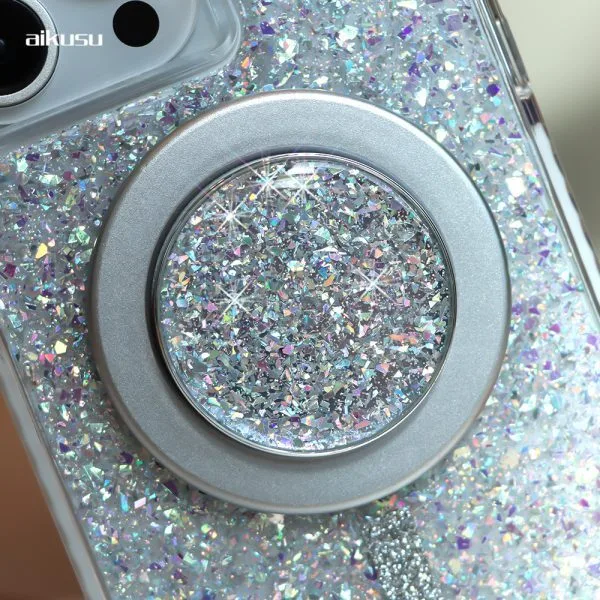 aikusu Supporto per impugnatura mobile con glitter personalizzato Rotazione a 360 gradi Presa magnetica per telefono per iPhone 16 15 14 13 12 1