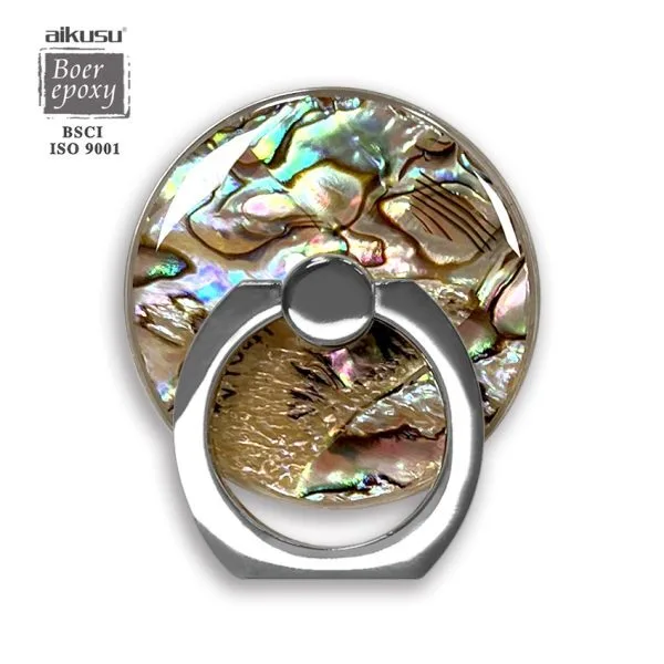 aikusu personalizado resina epóxi anel de metal abalone shell suporte de telefone acrílico para todos os telefones celulares 1