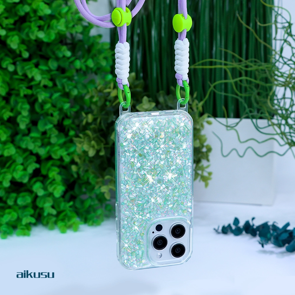 aikusu 1.5m  drop proof anti shockf Natural mother of pearl pieces glitter lanyard phone case3 1